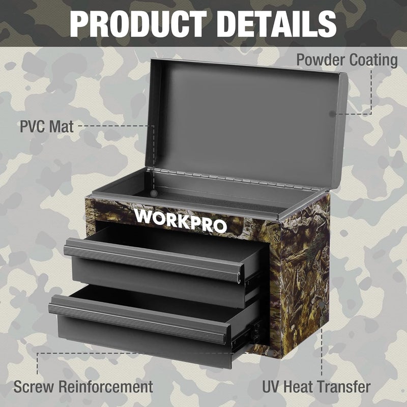 WORKPRO Metal Mini Tool Box, Top Tool Chest containing Two Drawers with Ball Bearing Slides, PVC Drawer Liners and PP Feet Pads, Durable Cold Rolled Steel Small Toolbox for Multi-Purpose Storage - Image 5